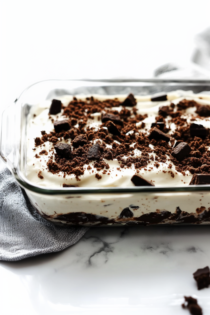 Glass dish showing alternating layers of whipped cream and crushed cookies.