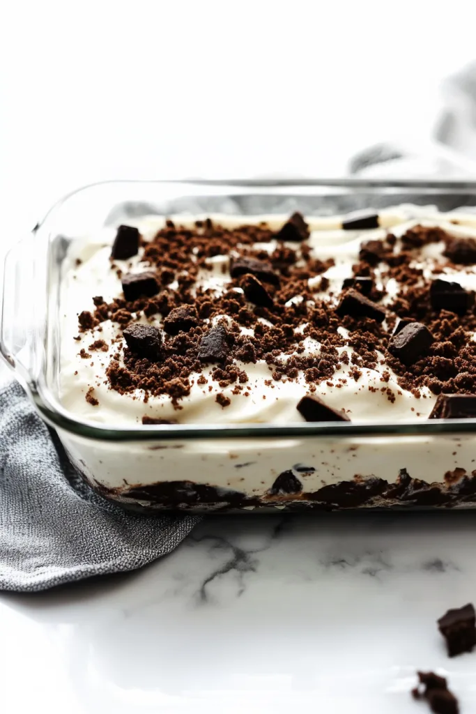 Glass dish showing alternating layers of whipped cream and crushed cookies.