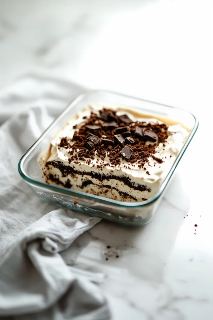 Layered cookies-and-cream dessert topped with crumbled chocolate cookies.