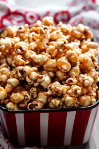 Close-up of golden popcorn clusters with shiny glaze