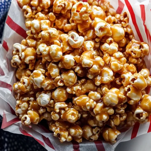 Glossy caramel-coated popcorn piled in a striped container