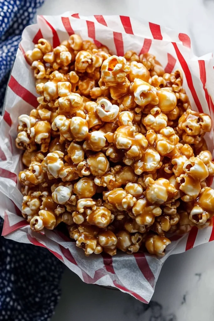 Glossy caramel-coated popcorn piled in a striped container