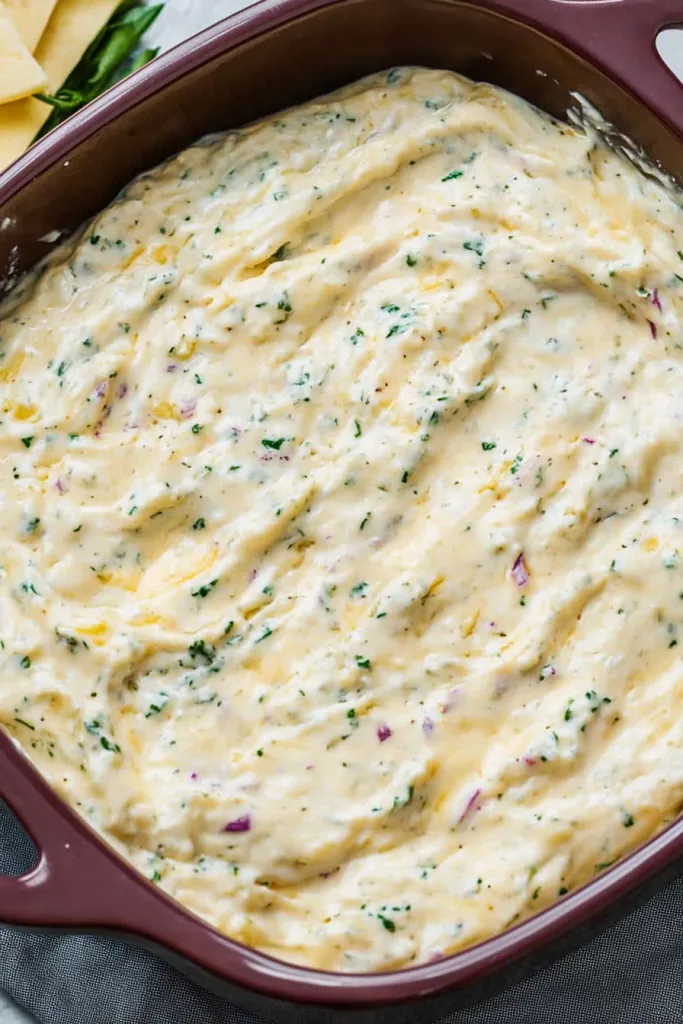 A creamy dip in a maroon baking dish, speckled with herbs and onions.