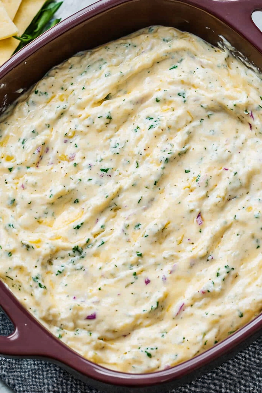 A creamy dip in a maroon baking dish, speckled with herbs and onions.