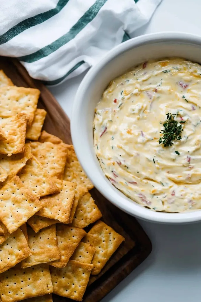 A creamy dip in a white bowl, topped with fresh herbs and surrounded by golden crackers.