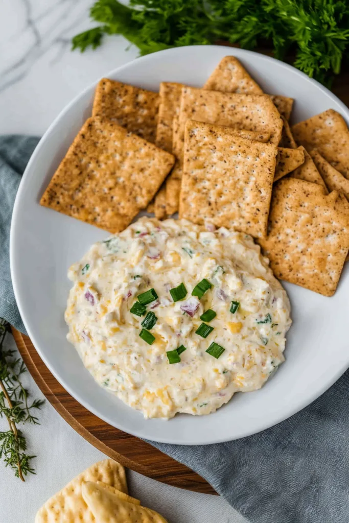 Smooth, rich dip presented with crisp square crackers on a bright tabletop.