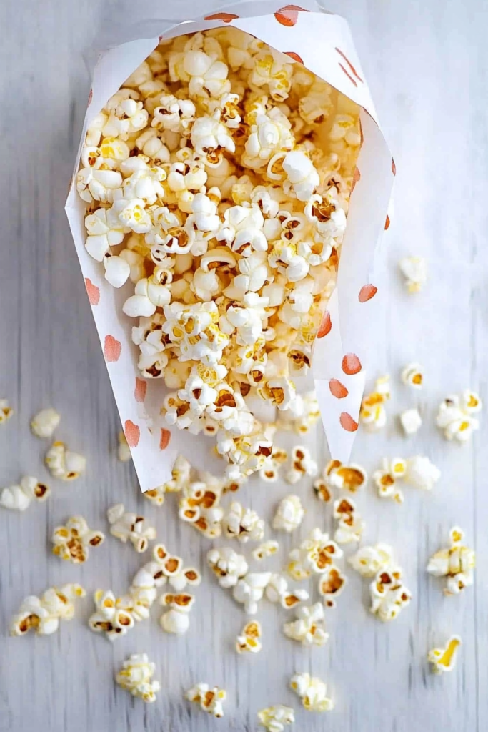 Overhead view of popcorn with a mix of white and lightly browned pieces.