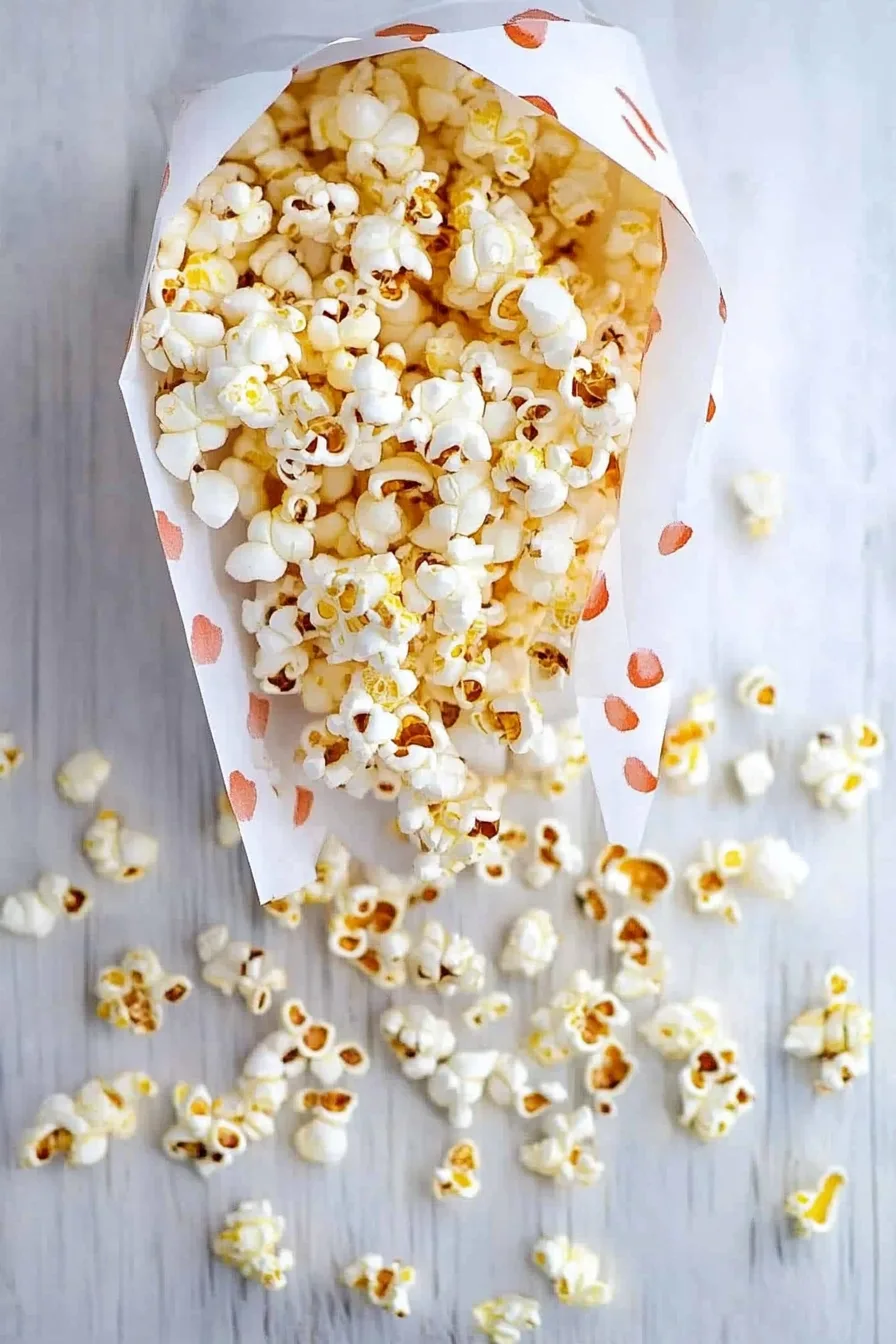 Overhead view of popcorn with a mix of white and lightly browned pieces.