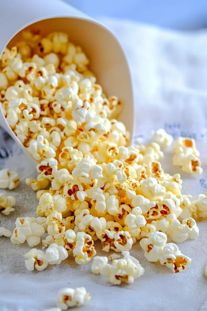 Freshly popped popcorn spilling from a white container onto a light surface.