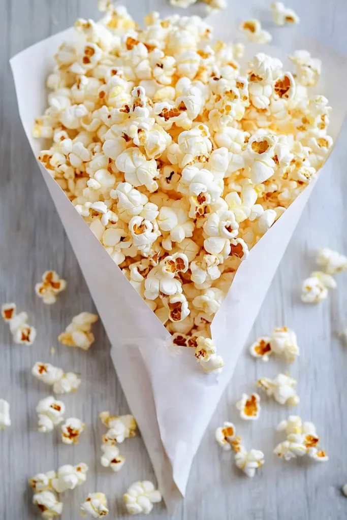 Snack presentation showing popped corn against a soft, neutral background.