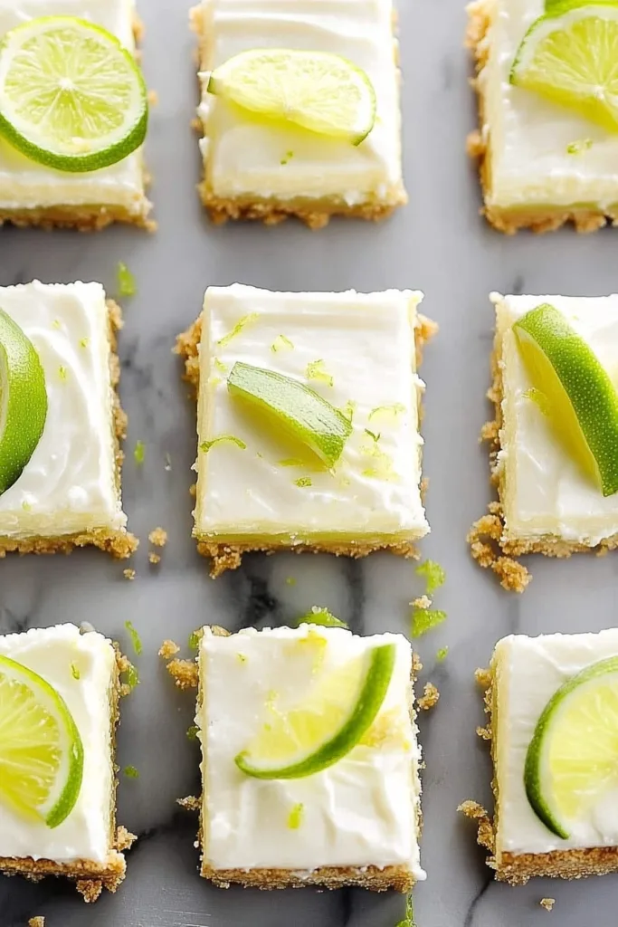 Key Lime Pie Bars served with a swirl of cream and lime garnish.