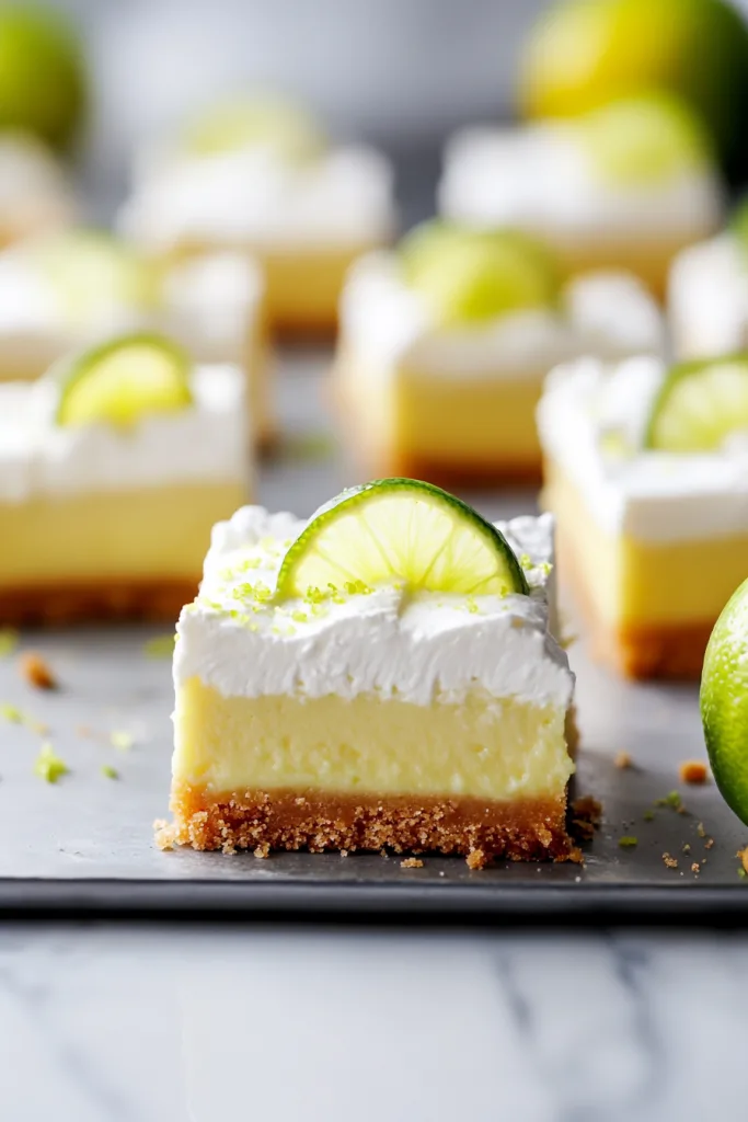 Dessert bar with graham cracker crust, lime filling, and whipped topping.