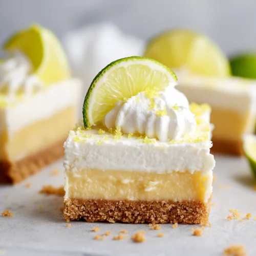 Close‑up of creamy yellow pie bar garnished with lime slice and zest.
