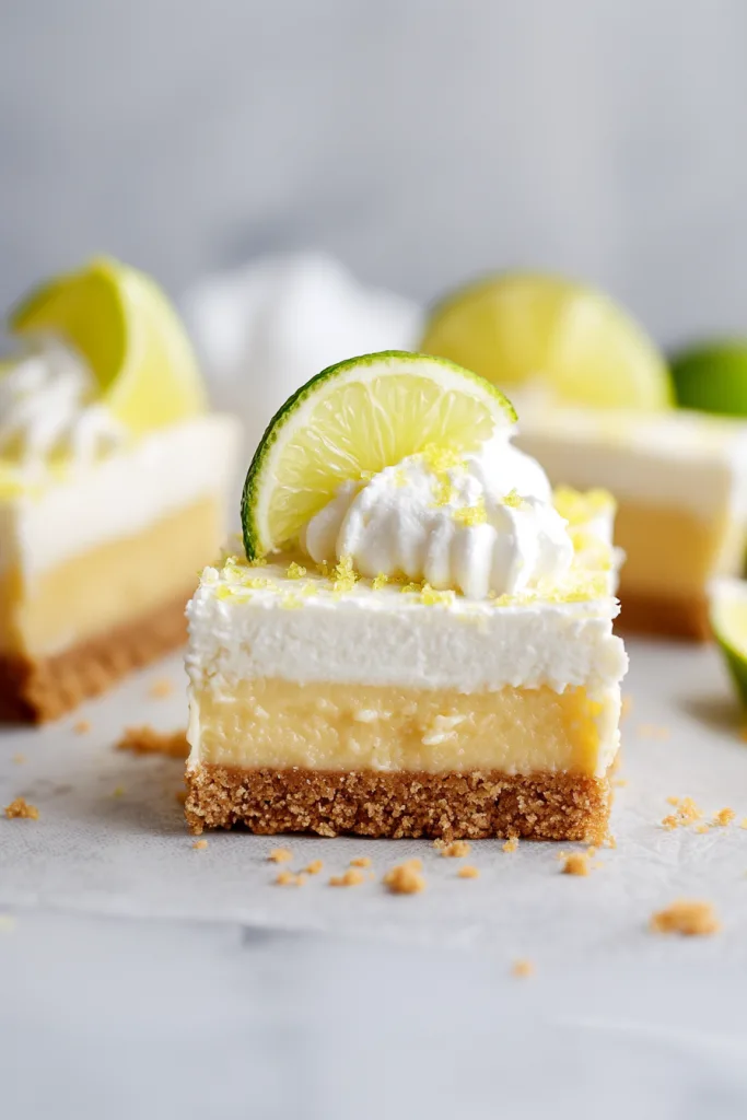 Close‑up of creamy yellow pie bar garnished with lime slice and zest.