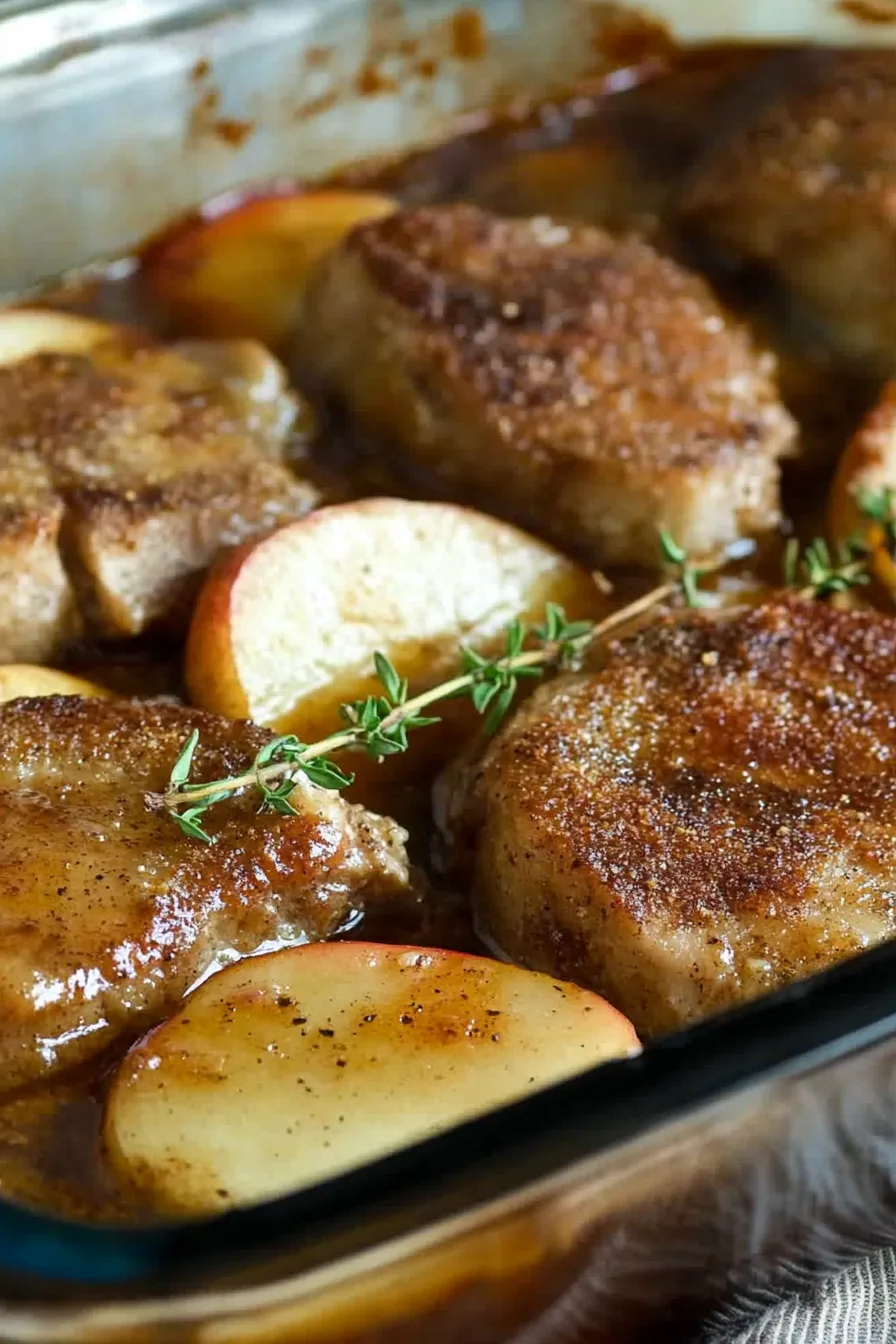 Golden seared pork chops topped with caramelized apple slices in a baking dish.
