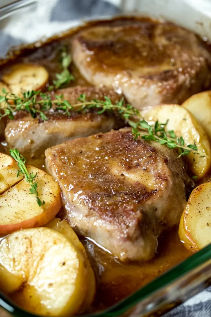 Savory pork chops glazed with brown sauce and garnished with fresh herbs.