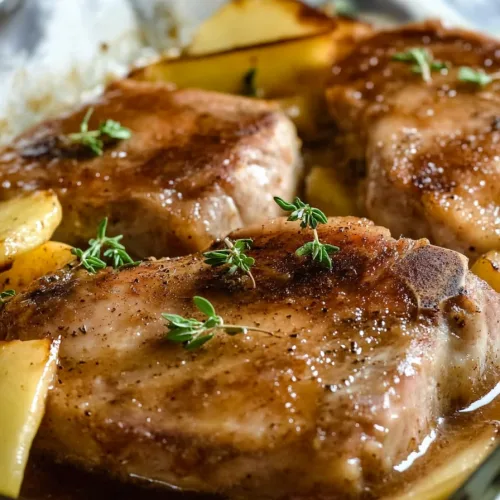 Comfort food casserole highlighting the sweet and savory pairing of pork and apples.