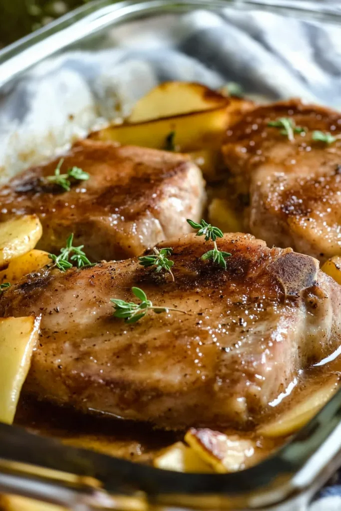 Comfort food casserole highlighting the sweet and savory pairing of pork and apples.