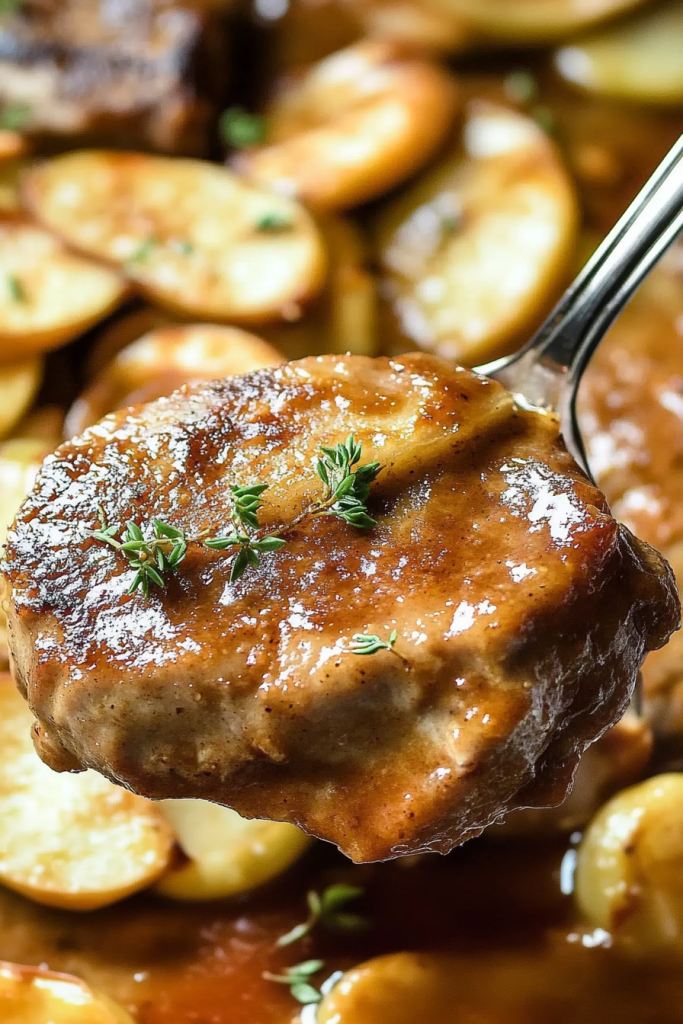 Baked dish featuring golden meat and lightly caramelized apple slices.