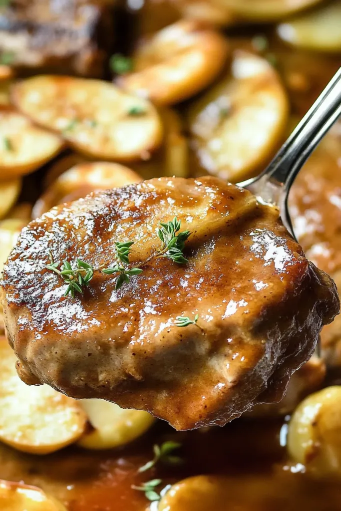 Baked dish featuring golden meat and lightly caramelized apple slices.
