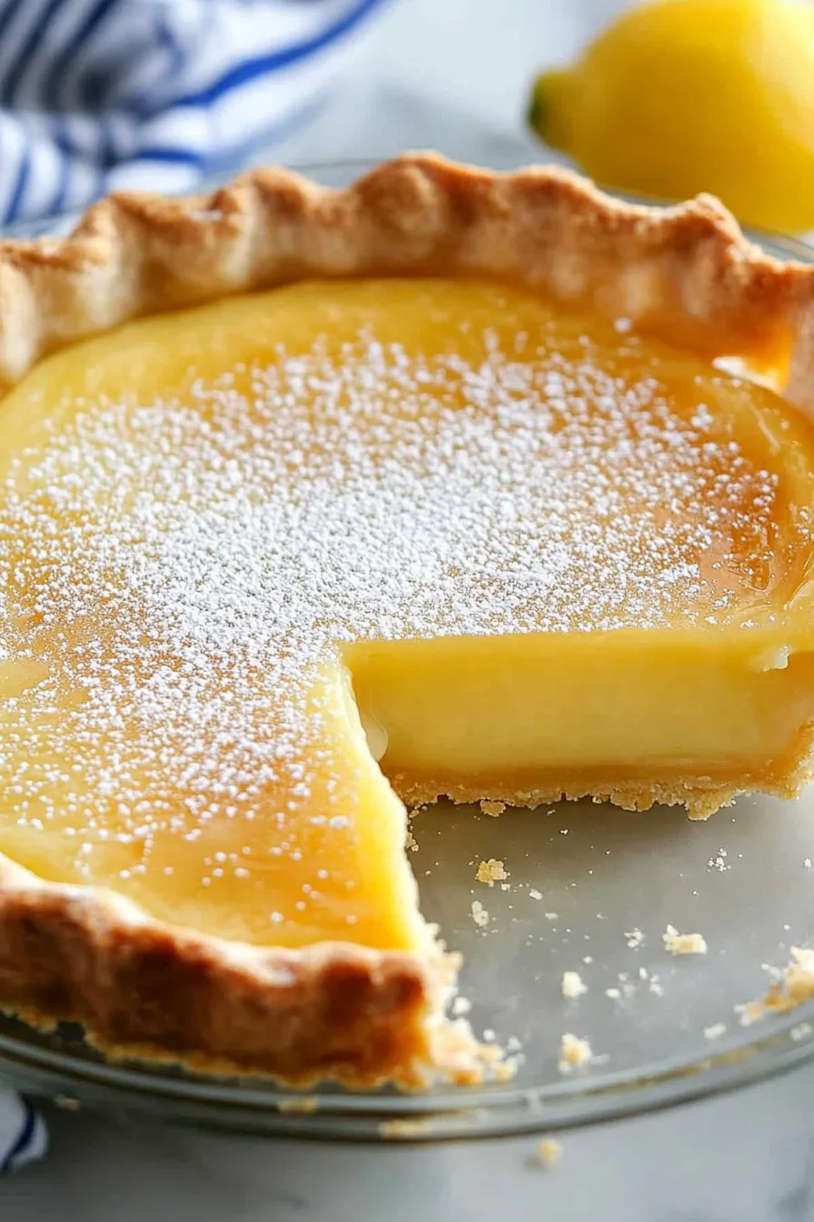 Golden pie with a slice removed, showing smooth lemon filling.
