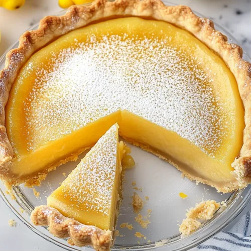 Creamy yellow tart dusted with powdered sugar on top.