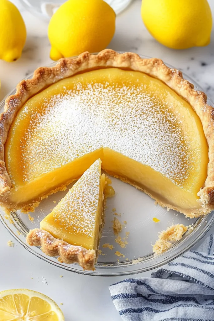 Creamy yellow tart dusted with powdered sugar on top.