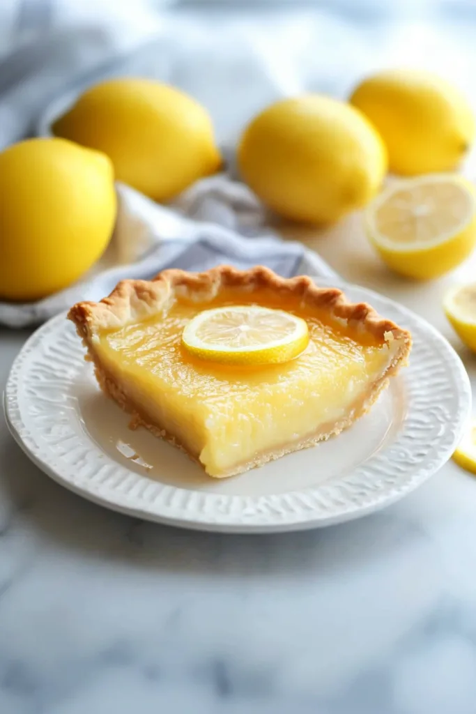 Flaky crust dessert styled with fresh lemon and striped cloth.
