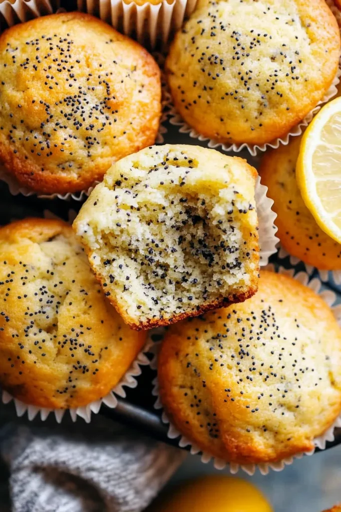 Batch of warm muffins highlighting poppy seed detail