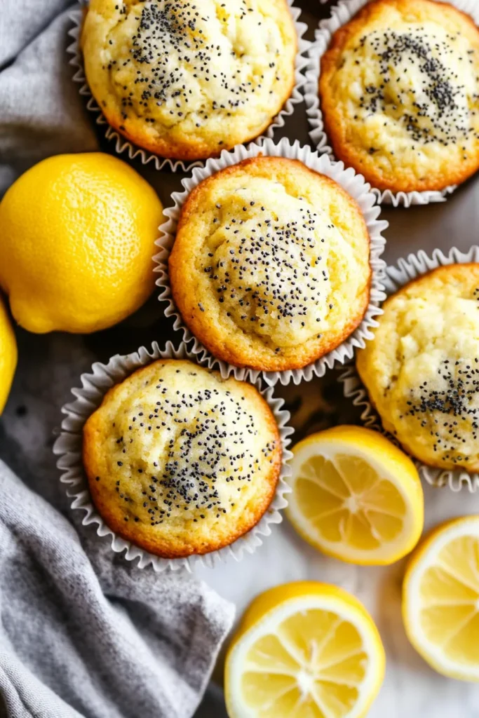 Freshly baked muffins in white liners beside sliced lemon