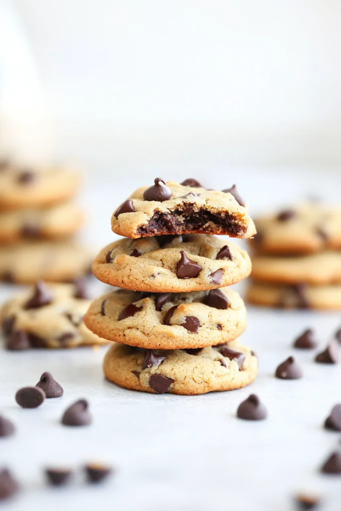 Stack of cookies with a bite revealing gooey chocolate inside.