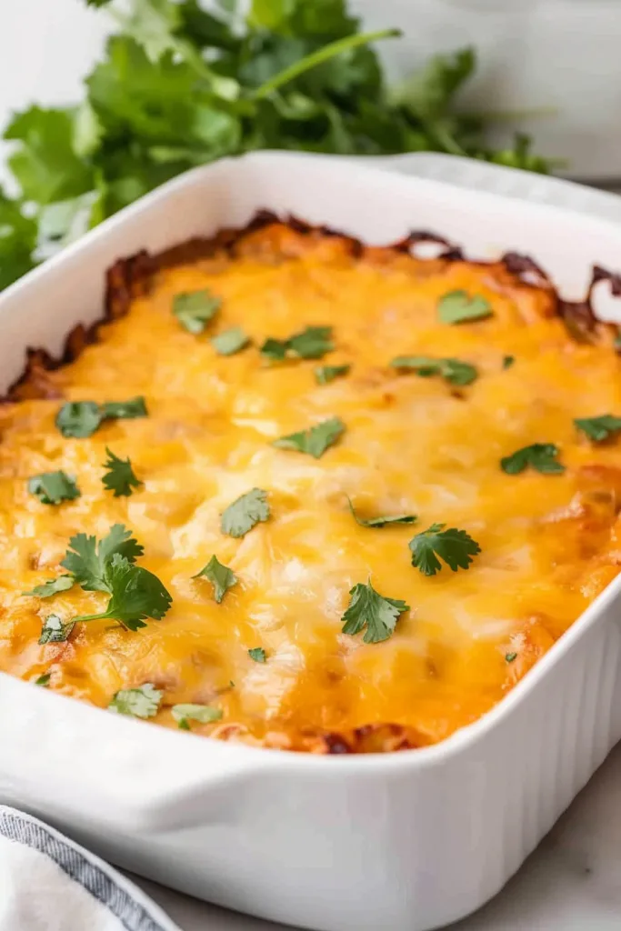 Freshly baked casserole with golden melted cheese and cilantro garnish.