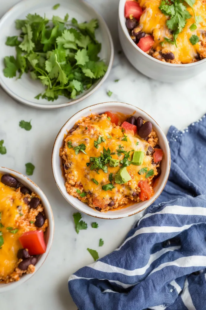 Cheesy baked casserole with fresh cilantro sprigs adding color contrast.