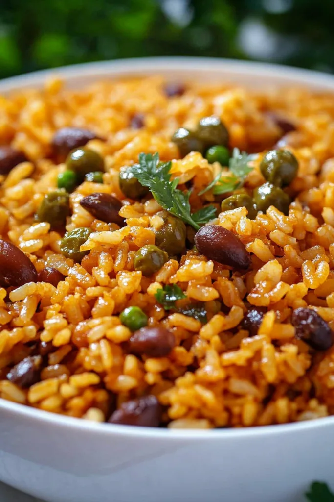 Moro de guandules dominicano plated with herbs, emphasizing its rich color.