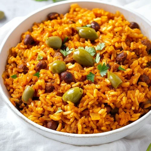 Fluffy rice mixed with guandules and vegetables, presented simply.