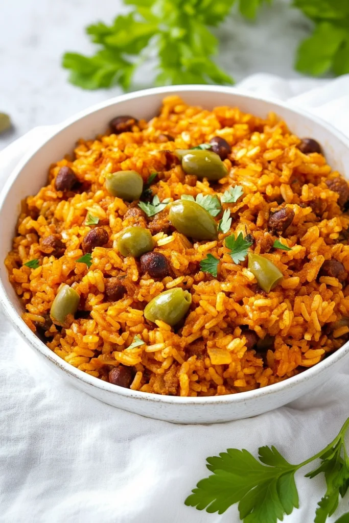 Fluffy rice mixed with guandules and vegetables, presented simply.