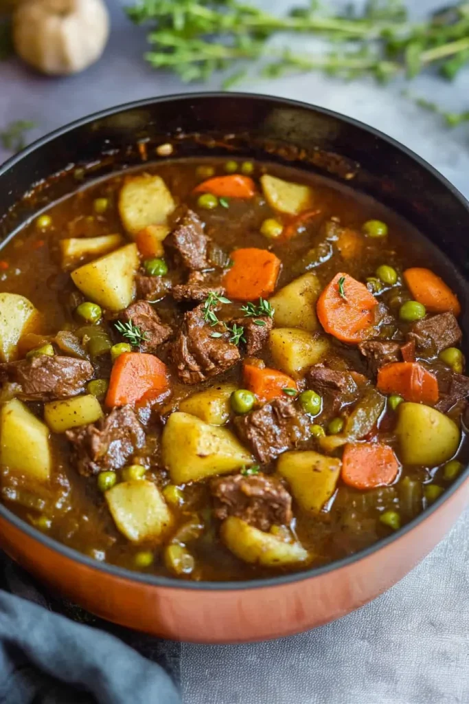 Chunky beef and vegetable stew served in a pot with herbs.