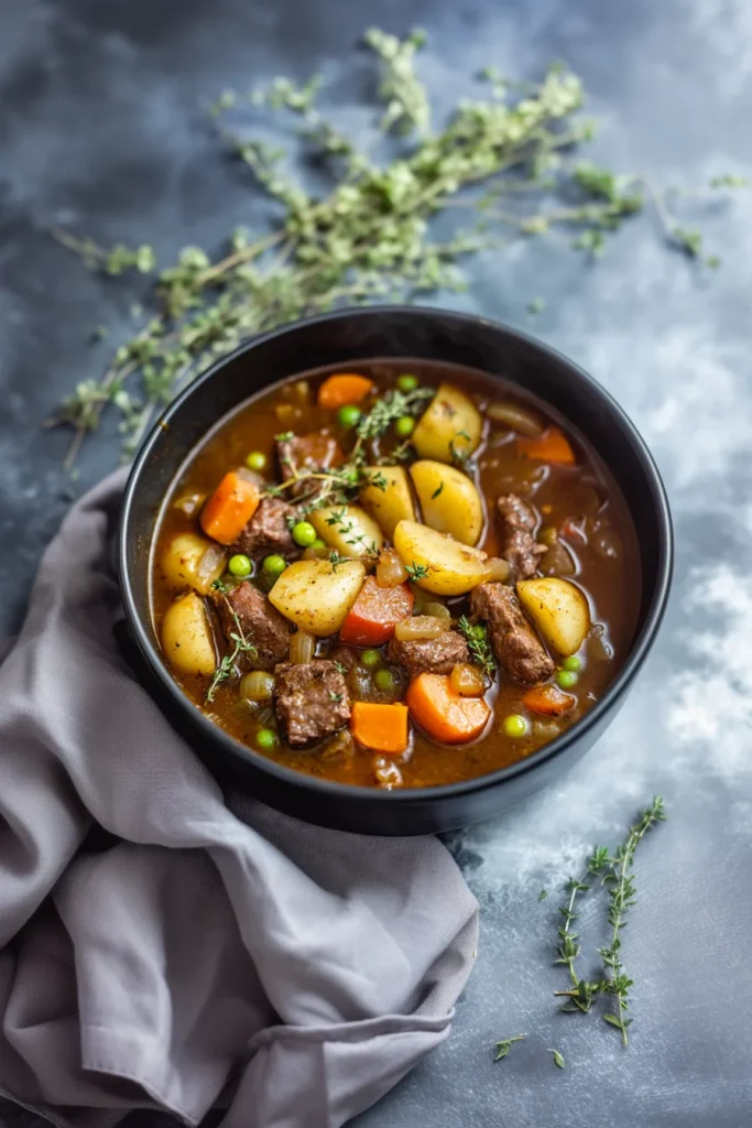 Comforting bowl of tender meat and vegetables in savory sauce.