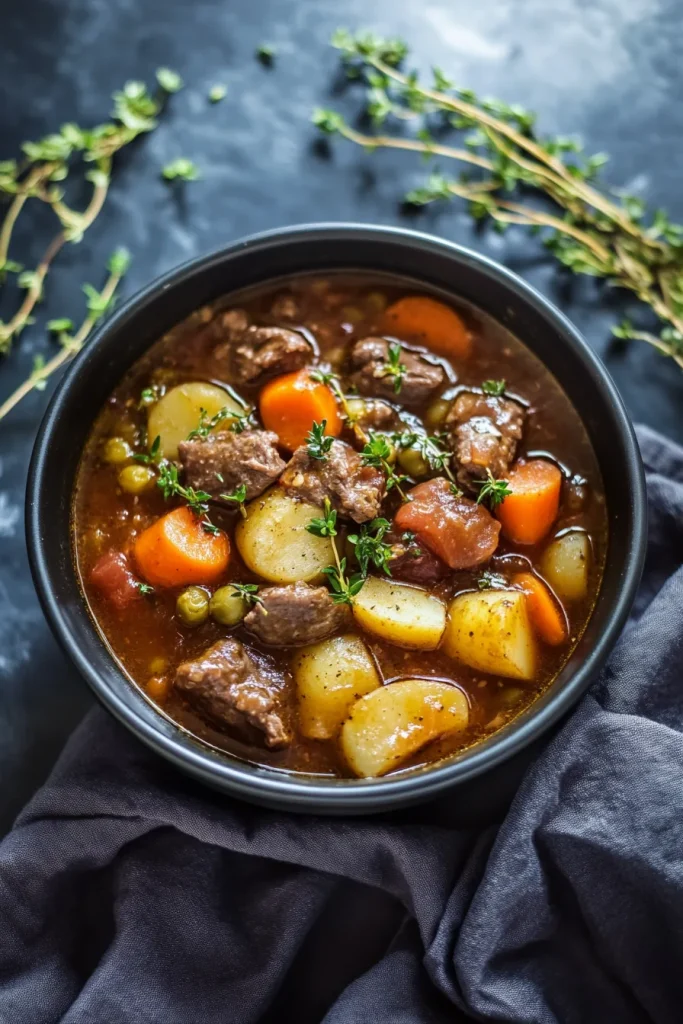 Hearty beef stew with carrots, potatoes, and peas in rich broth.