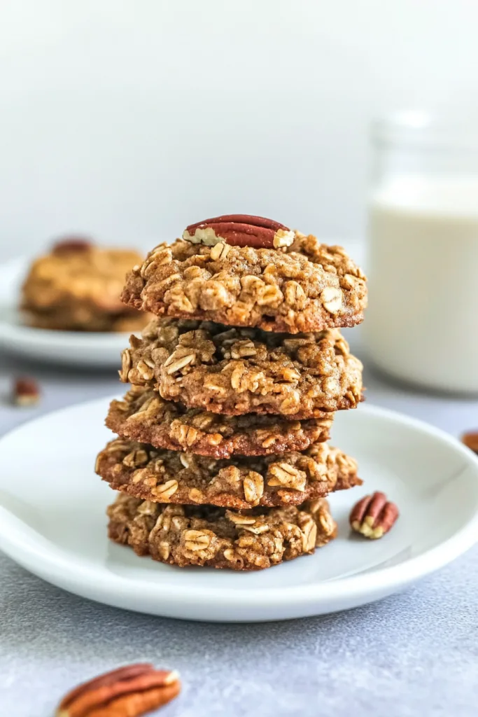 Close-up of rustic cookies showing textured oats and warm spiced surface.