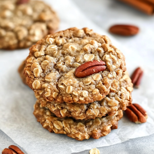 Three homemade cookies arranged neatly, surrounded by scattered pecans and oats.