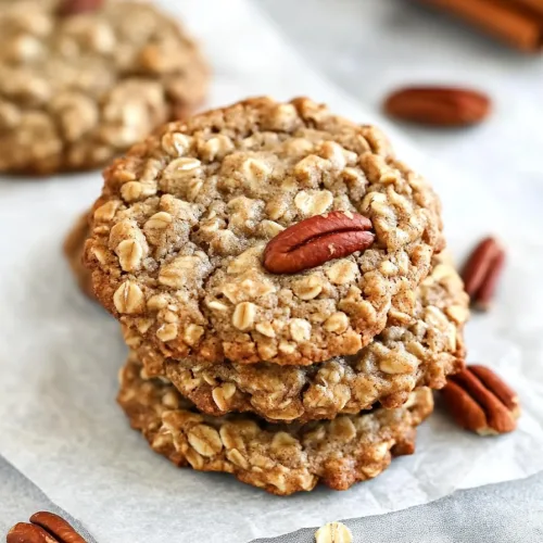 Three homemade cookies arranged neatly, surrounded by scattered pecans and oats.