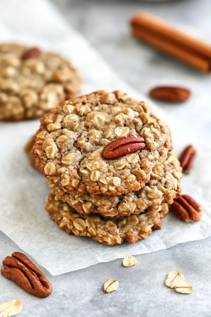 Three homemade cookies arranged neatly, surrounded by scattered pecans and oats.