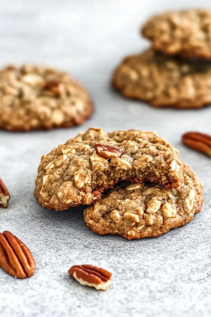 Stack of golden-brown cookies with visible oats, topped with a pecan half on parchment paper.