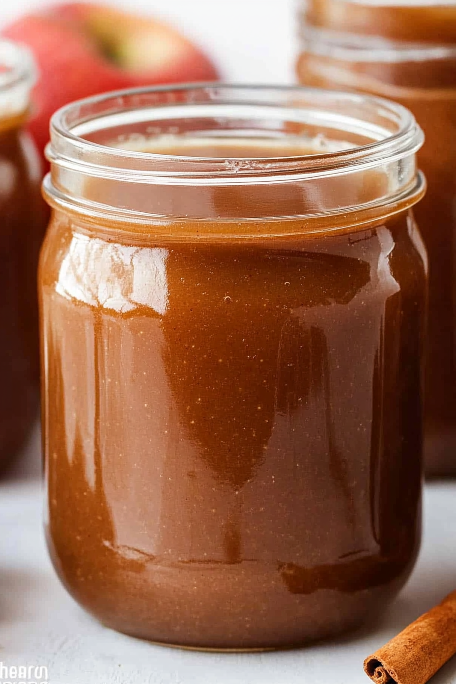 Freshly made apple butter in jars, styled with natural ingredients for a cozy look.