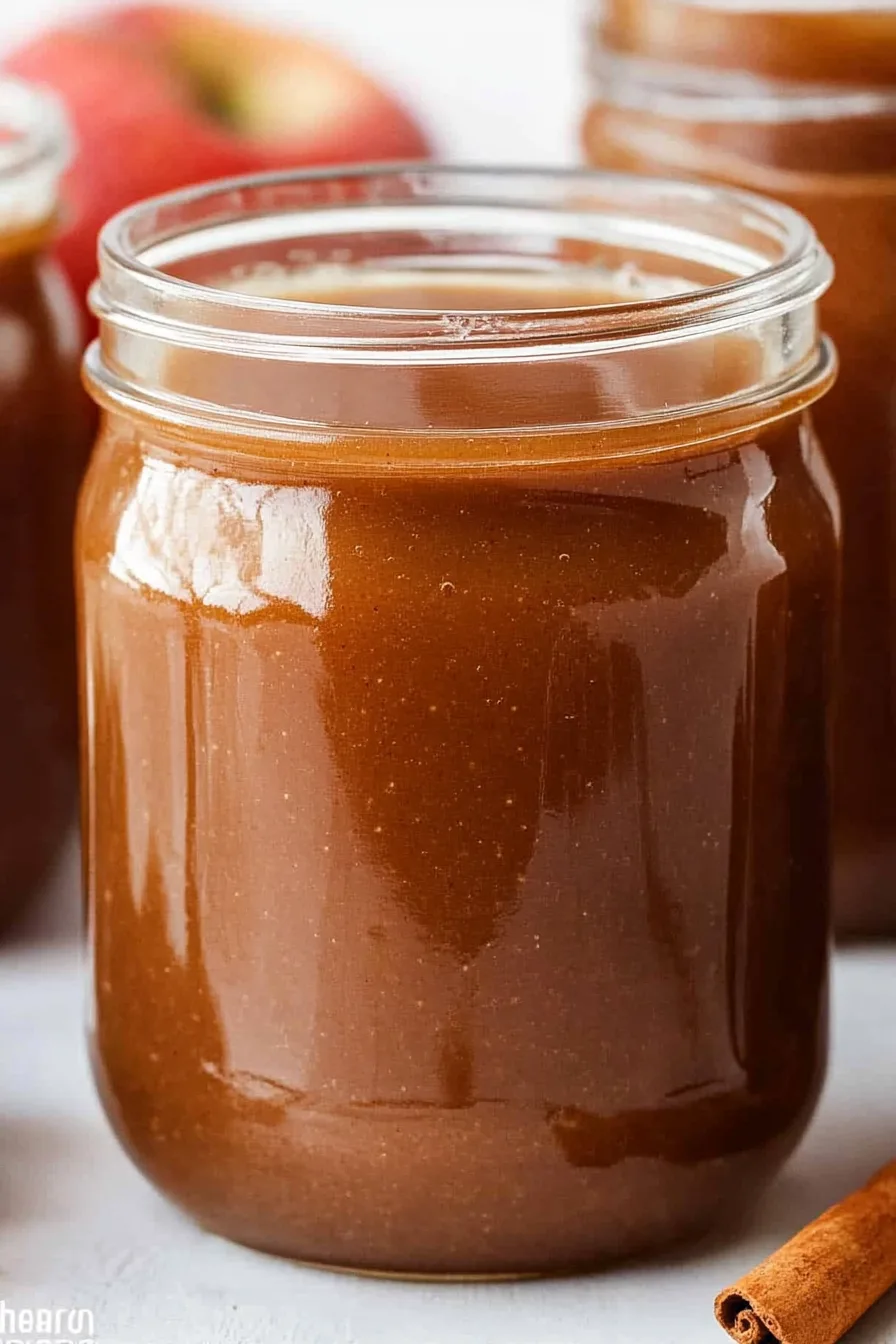 Freshly made apple butter in jars, styled with natural ingredients for a cozy look.