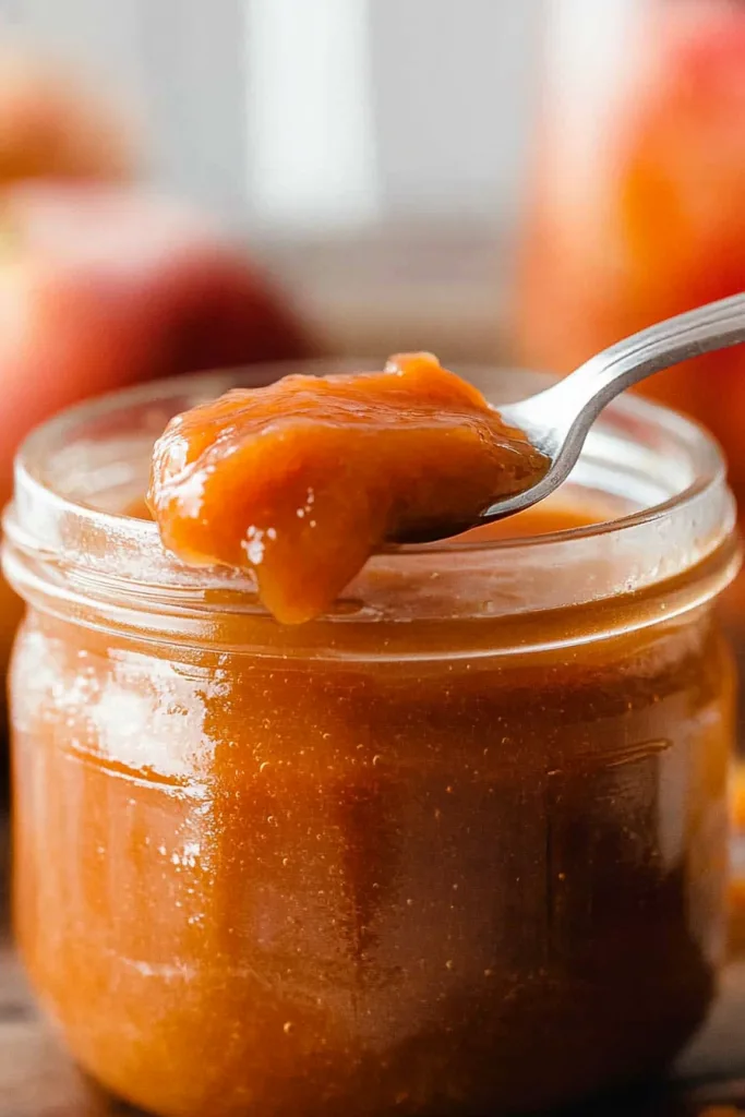 Close-up of rich, brown apple spread with a smooth texture in glass jars.