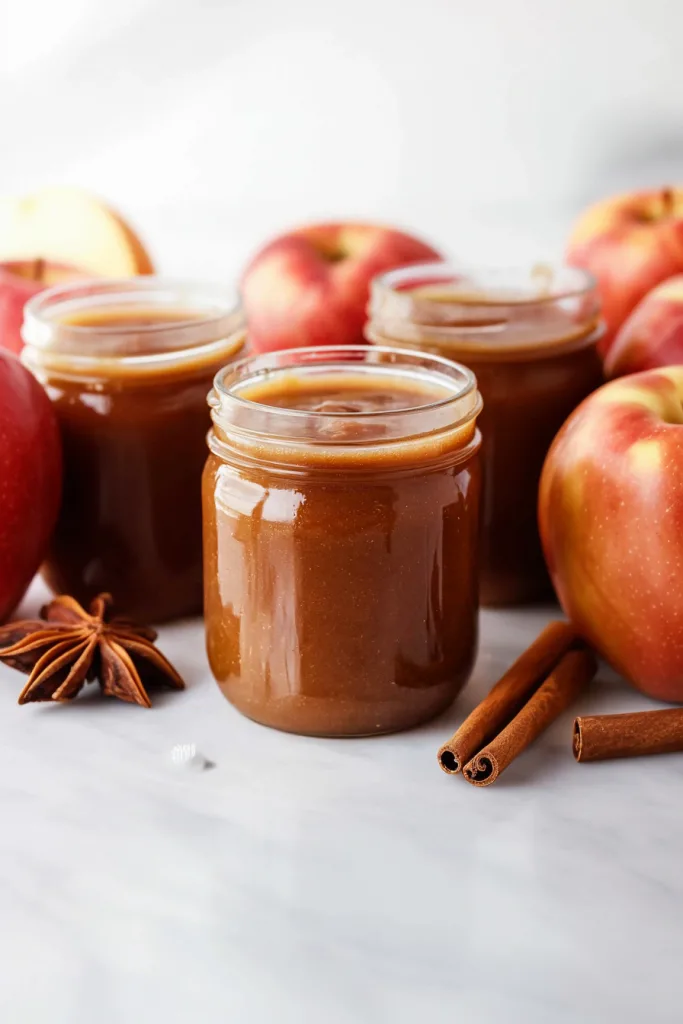 Three jars of glossy apple butter surrounded by fresh apples and cinnamon sticks.