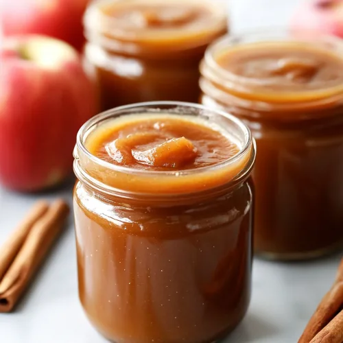 Homemade apple butter displayed on a light countertop with whole apples nearby.
