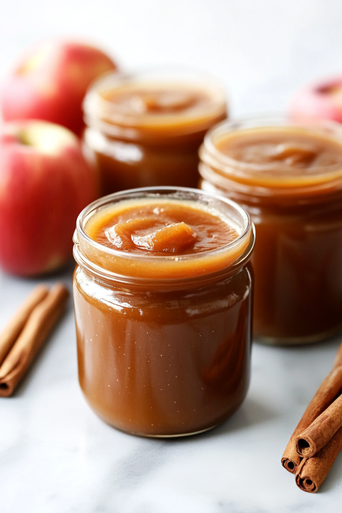 Homemade apple butter displayed on a light countertop with whole apples nearby.